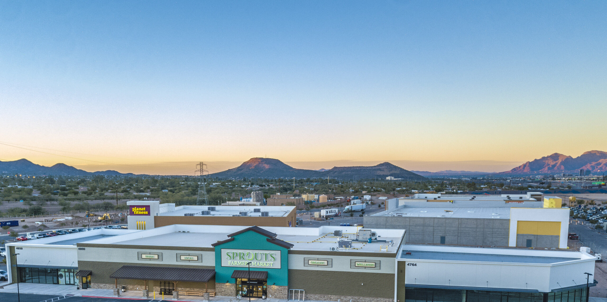 Aerial view of the exterior of Sprouts Farmers Market in Tucson, Arizona.